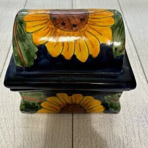 Vintage Sunflower Handmade Red Clay Pottery Trinket Box